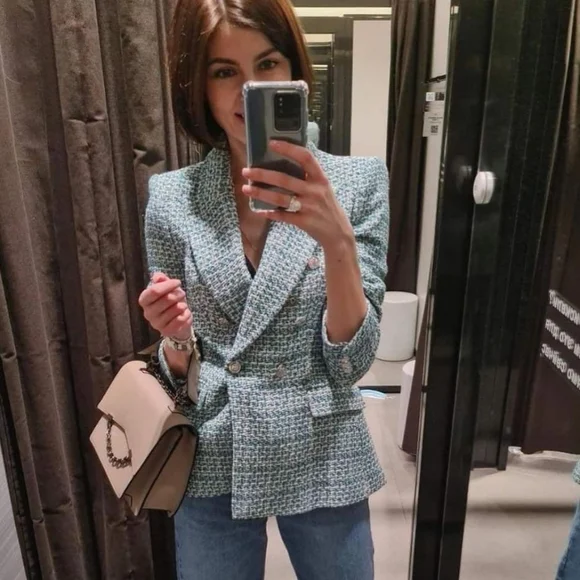 Zara textured tweed double breasted blazer size S - Picture 8 of 14